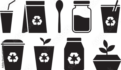 Sustainable Living & Recycling Icon Set: Eco-Friendly Waste Management & Green Product Symbols
