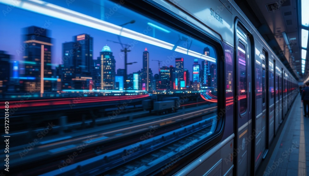 Fototapeta premium Close-up of train panoramic window with city light reflections in cool evening tones Generative AI