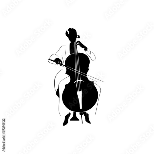 Silhouette pictogram of a musician playing a cello in a classical music setting during a performance