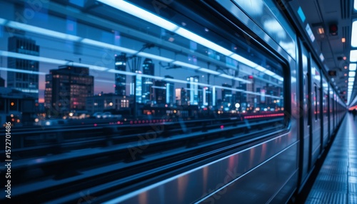 Close-up of train panoramic window with city light reflections in cool evening tones Generative AI