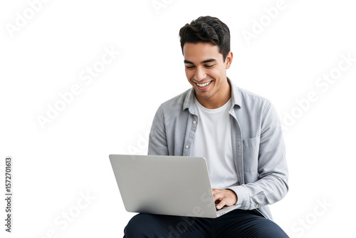 young man working on laptop isolated on white background