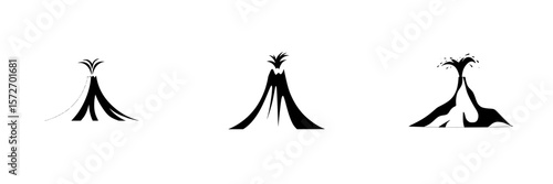 Various silhouette pictogram icons representing volcanoes in different styles