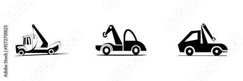 Silhouette pictogram of various vehicles with cranes in an isolated vector icon set for design use
