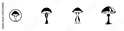 Collection of silhouette pictograms showcasing various styles of mushrooms in a minimalist design approach