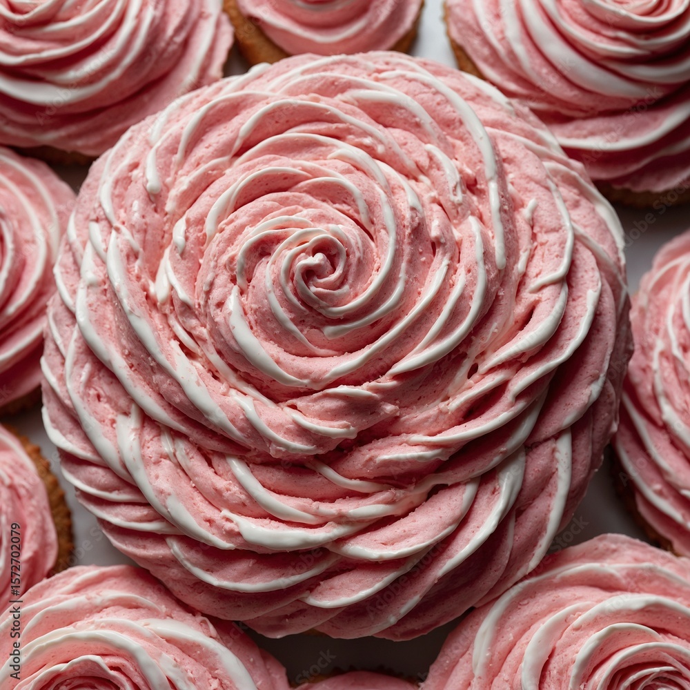 Obraz premium slice of layered vanilla cake with white frosting and colorful sprinkles is set against vibrant background of pink and blue, surrounded by scattered ... See More 