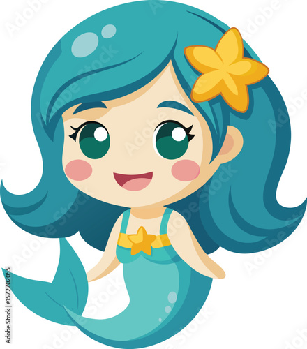 cute chibi mermaid smiling with starfish hairclip