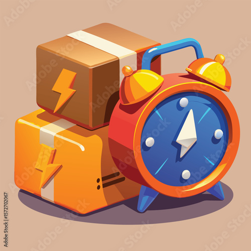 Fast delivery service concept with alarm clock and shipping boxes silhouette