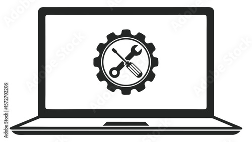 Laptop computer screen displaying a gear with crossed screwdriver and wrench icons