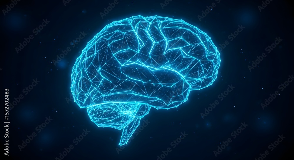 Intricate mesh model of a human brain glowing in blue, representing technology, mind power and artificial intelligence for medical advancement and research. Intricate mesh model of a human brain glowing in blue, representing technology, mind power and artificial intelligence for medical advancement and research.