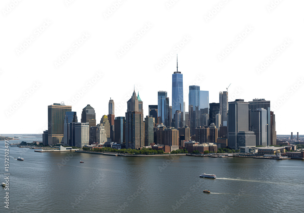 Naklejka premium The impressive new york city skyline is seen across the water on a sunny day isolated on transparent background