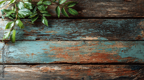 Rustic Wooden Texture with Olive Leaves on Vintage Painted Planks
