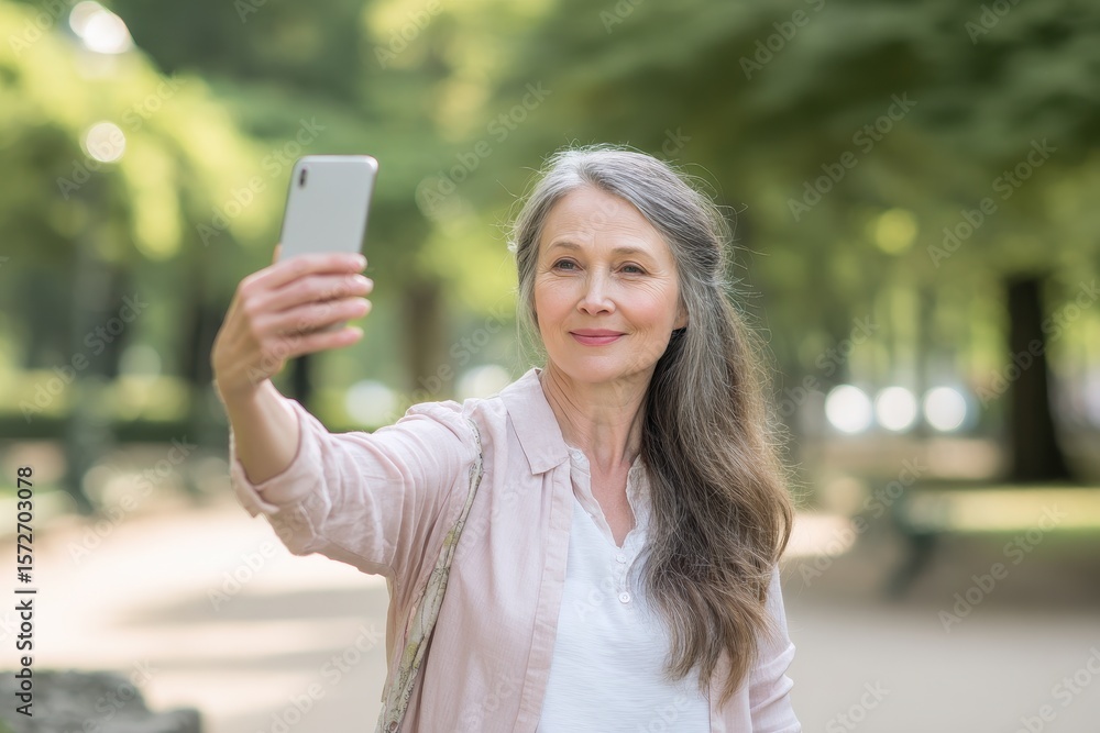 Middle Aged Woman Selfie. Beautiful, Happy Woman Taking Selfie in Summer Park Middle Aged Woman Selfie. Beautiful, Happy Woman Taking Selfie in Summer Park