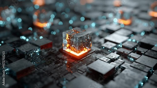 A glowing, transparent cube sits on a circuit board, emitting orange light, symbolizing advanced technology and futuristic computing. AI neural processing with quantum computing. 