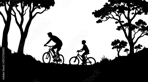 Family biking adventure at sunset: silhouettes of cyclists against the sky
