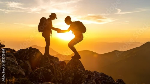 Two hikers, silhouettes against a golden sunset, helping each other up a rocky mountain peak