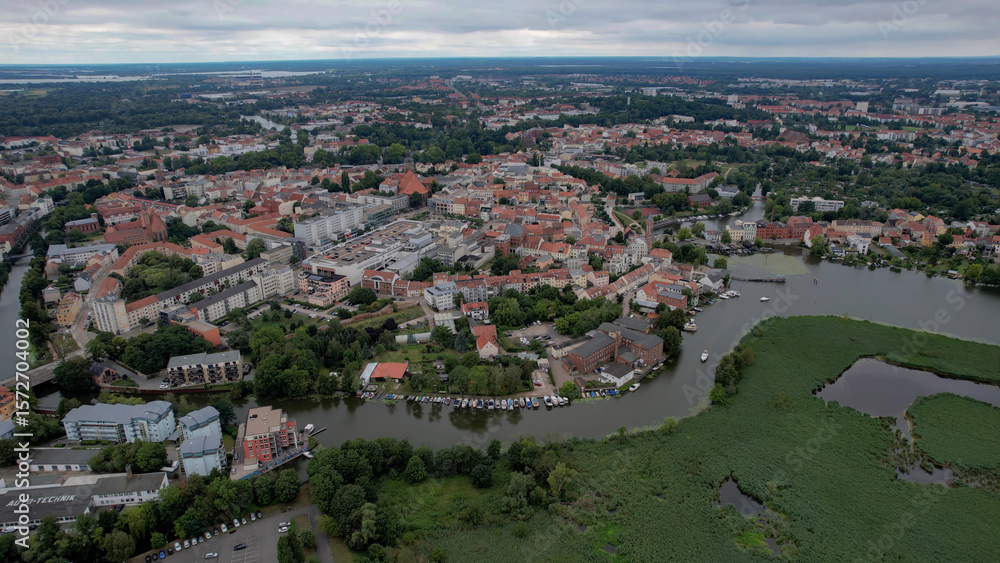 Fototapeta premium Aerial view around the old town in the city Neustadt, 14776 Brandenburg on an sunny spring day