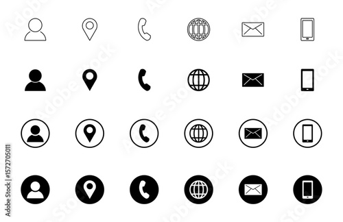 Contact method icons, User communication symbol set, Phone email location globe mobile icons, Outline and solid interface pack, Minimal UI contact vector collection, vector illustration.