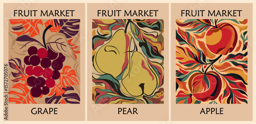 Set of Fruit market retro posters with grape, apple, pear fruits. Kitchen wall art. Colorful vector illustrations
