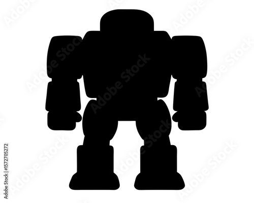 Silhouette of a black cartoon robot standing upright on a white background