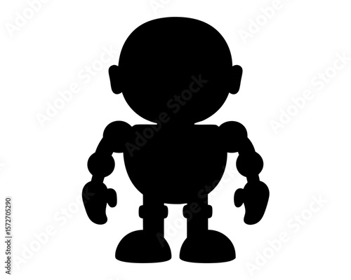 Silhouette of a stylized robot character with a round head and limbs