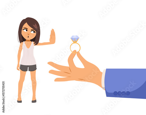 Funny cartoon showing a woman saying no to a marriage proposal, refusing a wedding ring vector illustration. Relationship choice, independence and modern lifestyle concept