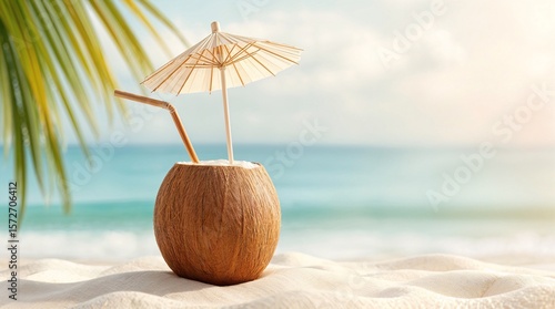 Wallpaper Mural Refreshing tropical drink in coconut on serene beach under the palm tree, soft sand, copy space Torontodigital.ca
