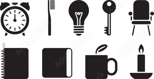 Everyday Object Icons: Toothbrush, Light Bulb, Key, Book, and Coffee Mug

