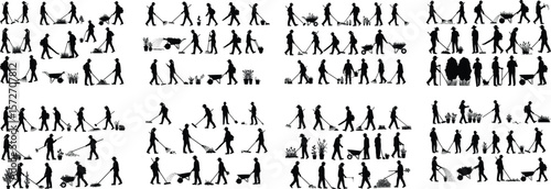 Street Sweeper Worker Silhouette Set. Man Cleaning with Broom, Pushing Wheelbarrow and Cart. Municipal Sanitation Service Vector Icons.
