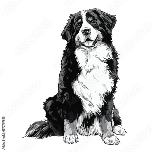 Front View Bernese Mountain Dog Sitting – Realistic and Sketch