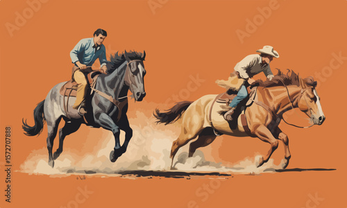 Dynamic Rodeo Illustration of Bucking Broncos with Riders – Western Style Side Profile


