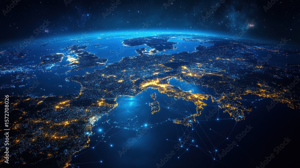 Obraz premium Digital Earth: Global Network Over Europe at Night night network global digital globe planet space