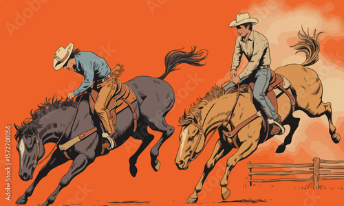 Dynamic Rodeo Illustration of Bucking Broncos with Riders – Western Style Side Profile

