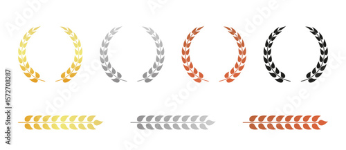 Laurel wreath badge design set. Black, gold, silver, and bronze leaf award wreaths for achievement, medal, prize, trophy, and winner design template. Vector illustration on transparent PNG background