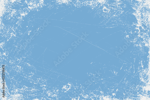 Hand drawn grunge background. Distress blue and white weathered rough overlay texture with scratch lines. Grunge frame design with white paint spots. Winter texture 