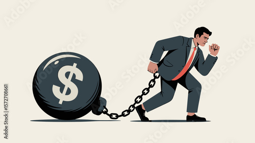 businessman struggling with a large ball and chain of debt, vector illustration for financial burden, national debt and economic crisis