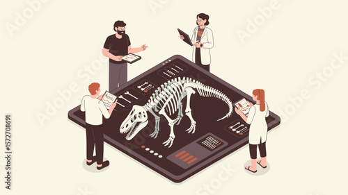 team of paleontologists analyzing dinosaur skeleton on digital screen, isometric vector illustration for paleontology, fossil reconstruction and prehistoric research