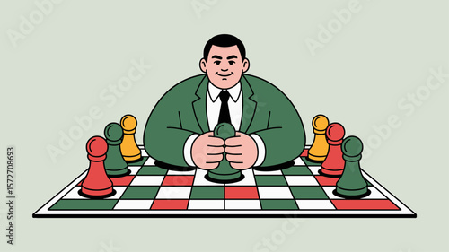 businessman controlling all pieces on a chessboard, vector illustration for market monopoly, lack of competition and strategic business dominance