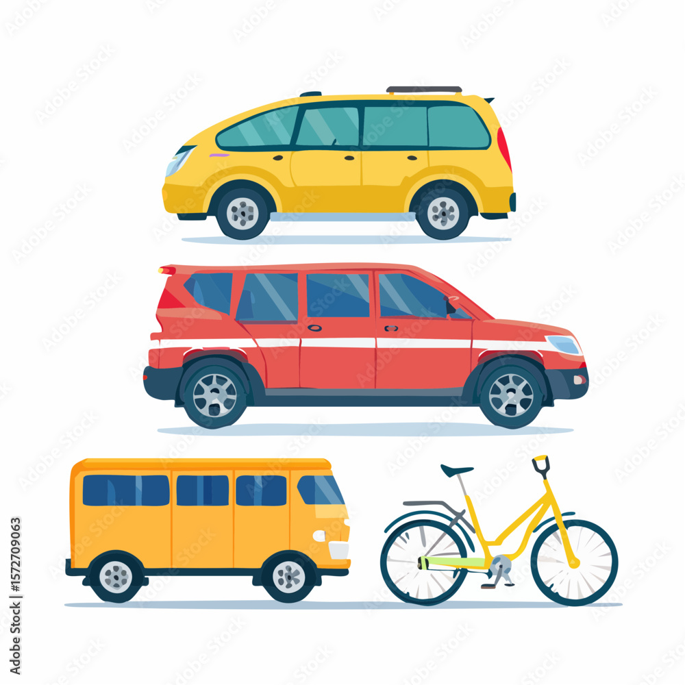 Obraz premium Transportation Options: A vibrant illustration showcasing various modes of transport. Depicting the convenience and diversity in travel, the illustration highlights a car, bicycle.