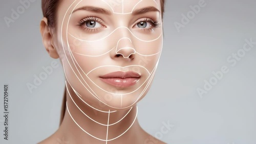 Close-up of a woman's face with smooth skin and digital contour lines indicating cosmetic procedures or facial rejuvenation treatments.