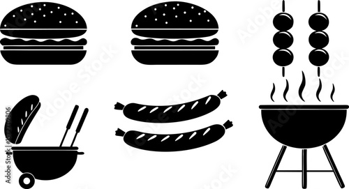 collection of black barbecue grill and food silhou.eps