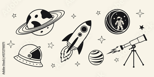 Cute Black and White Space Icons Set in vector