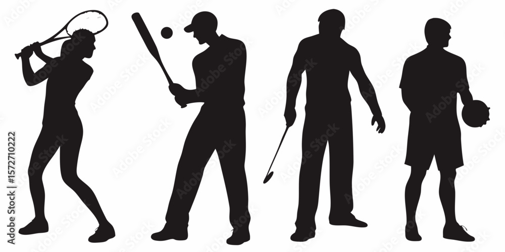 Obraz premium Sports Silhouettes: Collection of black silhouettes, depicting athletes in action across various sports, including tennis, baseball, golf, and basketball.