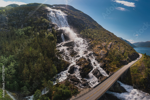 Fototapeta Naklejka Na Ścianę i Meble -  langfoss waterfall aerial shot