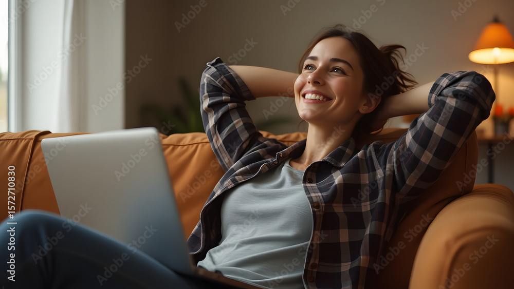 Fototapeta premium Relaxed young woman on couch, using laptop, happy, casual, comfortable home setting.
