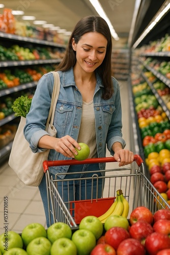 Woman Shopping Groceries with Tote Bag