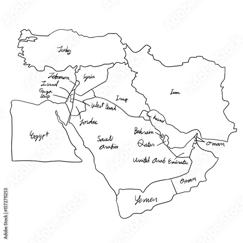 Middle East Doodle line Map with Countries Name