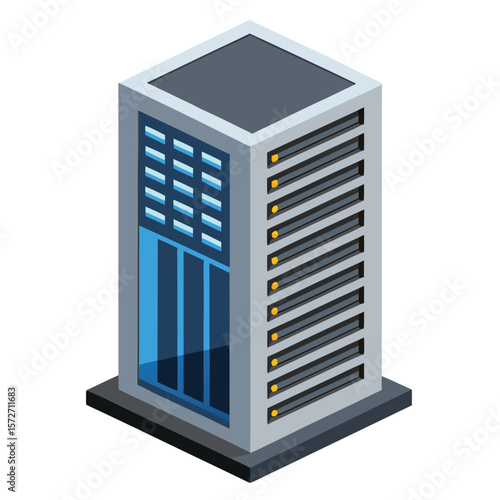 A modern server tower with cooling vents, isolated on white, for data, technology, computing, or IT infrastructure.