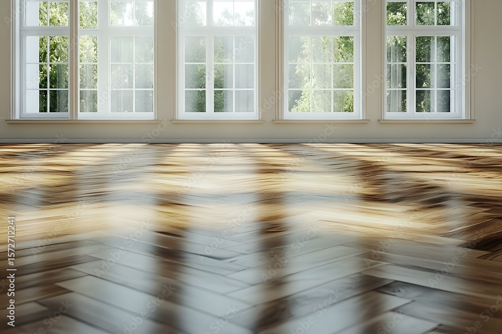 Fototapeta premium Sunlight streaming through white framed windows creates dramatic shadows on polished hardwood flooring in empty room, showcasing natural light patterns and interior design.