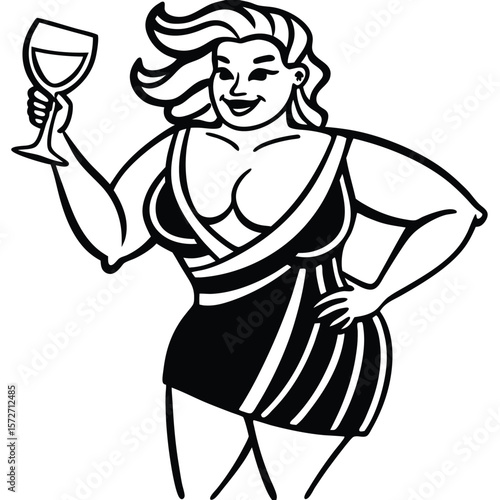 Happy plus size woman in swimsuit holding wine glass silhouette
