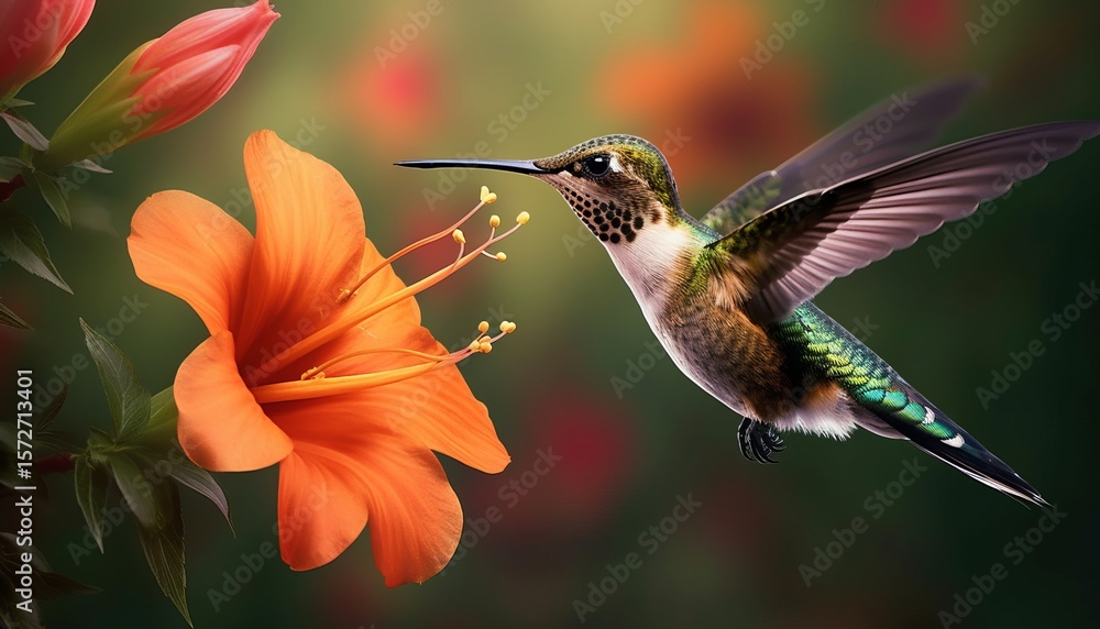 Naklejka premium Hummingbird flying next to beautiful flower